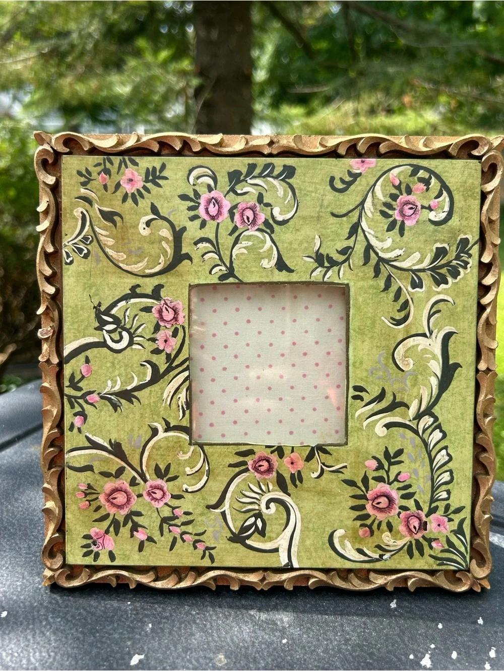 Hand-Painted Frame Olive Green Pink Floral Picture Carved Made in India 8x8